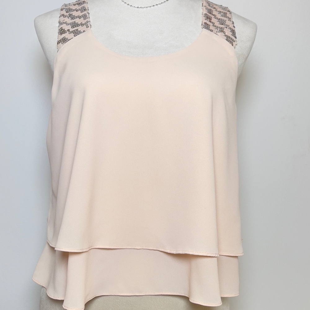 Forever 21 Light Peach Layered Tank Top Sequin Strap Chiffon Double Tier Medium